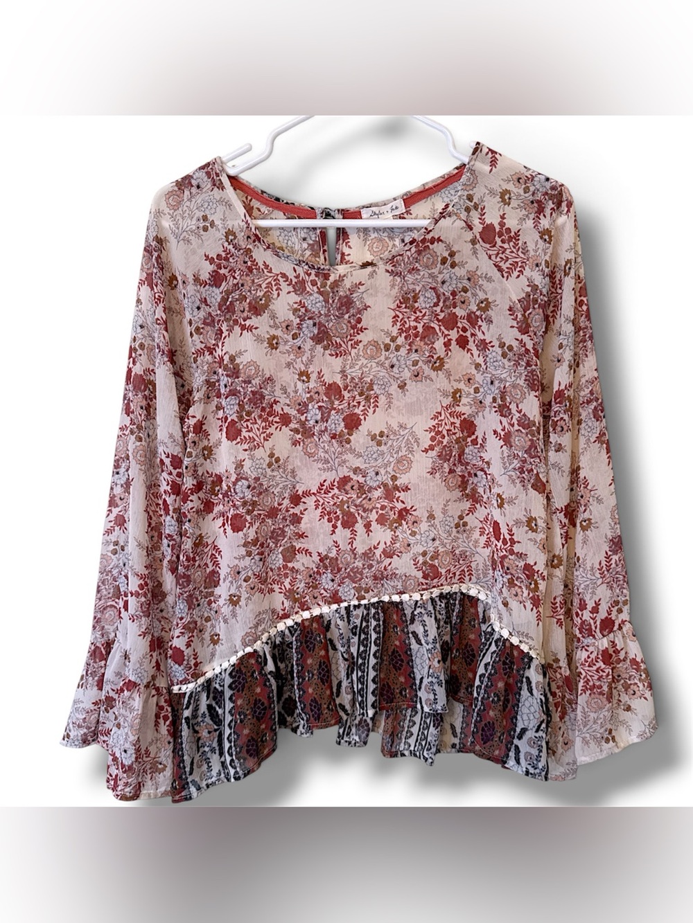 Sheer Floral Ruffle-Hem Blouse in Dusty Rose